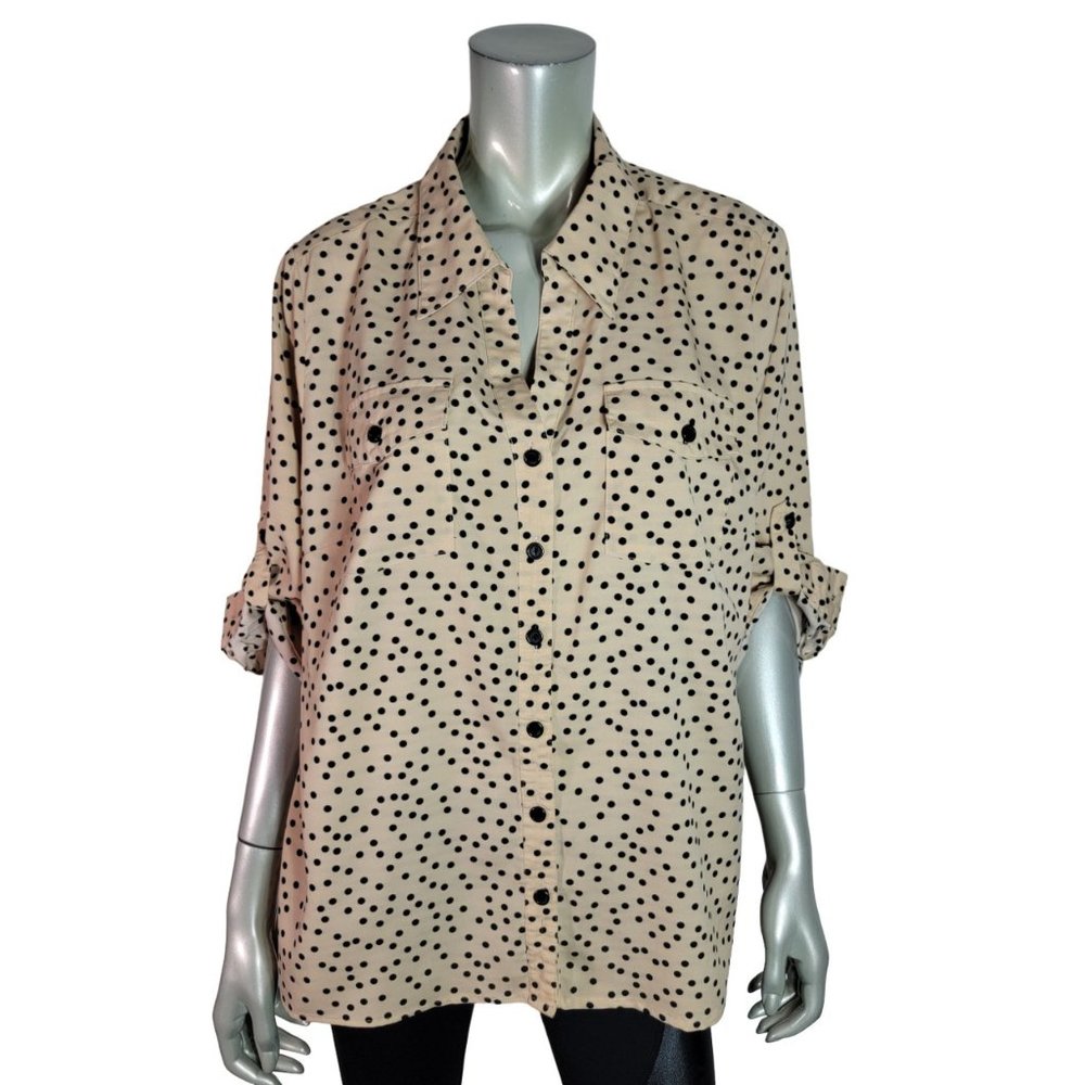 Notations‎ Top Plus Size 2X Polka Dot Roll Tab Sleeve Button Up Pockets Black